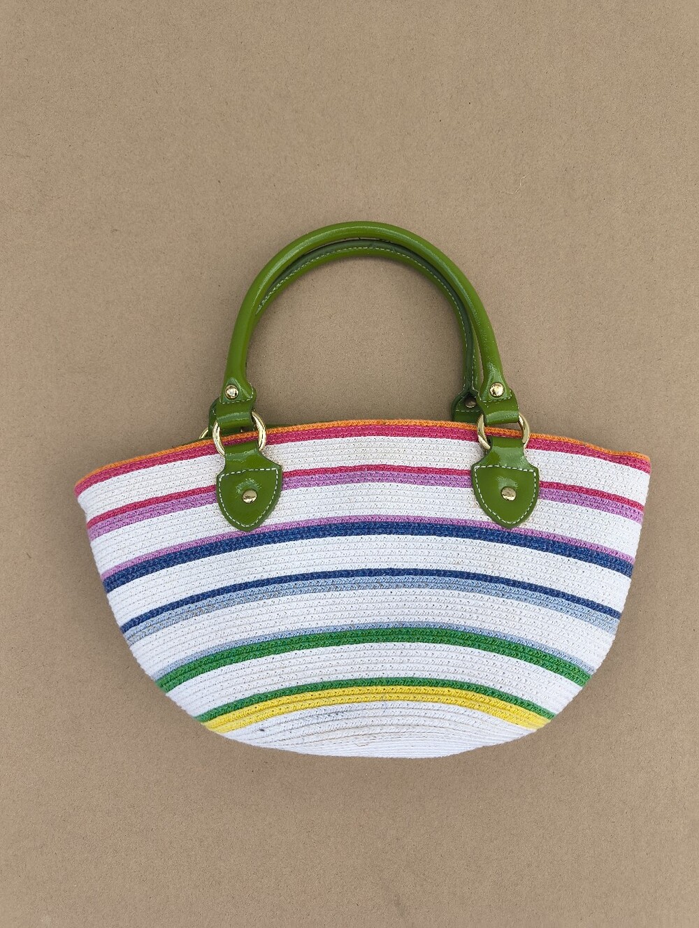 Green Handle Multicolor Stripe Straw Tote Bag